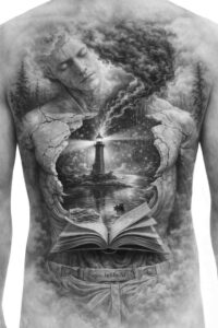 Black and grey back piece tattoo design showing a dragon entwined around a central cross with a distant ship and waves, AI-generated concept, ideal for cover-up.