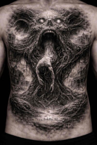 Demon-back tattoo in black and grey, AI-generated concept; a heavily shaded monstrous visage spanning the back, perfect for a cover-up.