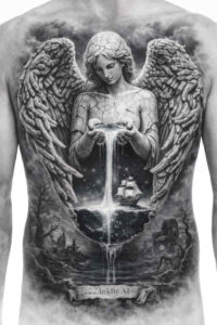 Angel with large wings in black and grey realism; female figure with outstretched wings, set against mist and a luminous central glow; tattoo design concept.