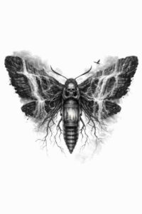 Black and grey tattoo design of a death's-head hawkmoth with a skull motif, shown as a concept project.