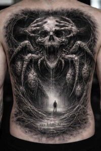 Dark black and grey tattoo project with a skull, wings, and tentacles looming over a lone man; AI-generated concept, ideal for cover-up.