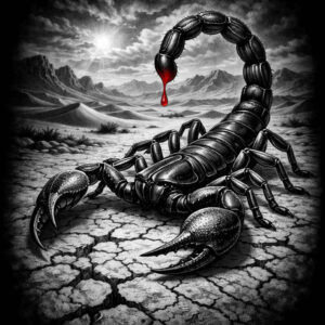 Scorpion silhouette with red venom drop on cracked ground; black and grey tattoo, AI-generated concept, perfect for cover-up.