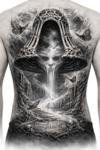 Hooded figure and skulls in a shadowy black and grey realism tattoo concept; project idea, cover-up ready.