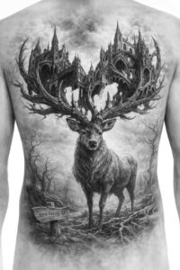 Deer with sprawling antlers set in a moody forest, black and grey realism tattoo design; AI-generated concept, project idea, perfect for cover-up.