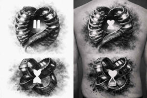 Two black-and-grey circular lock tattoo motifs with a central keyhole, a monochrome project idea, and clear cover-up suitability.