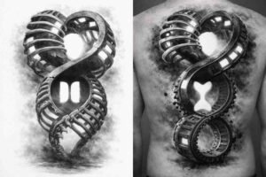 Ouroboros infinity-serpent coil around a vertical axis, black and grey, AI-generated tattoo idea; perfect cover-up.