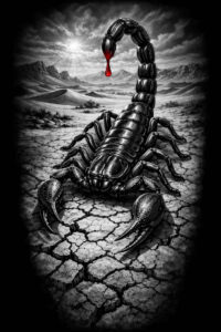 Black and grey scorpion tattoo design with red tail accent on cracked earth; AI-generated project, perfect for cover-up.