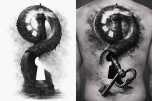 Snake wrapped around a staff with a hanging key in black and grey realism; AI-generated concept, project idea.