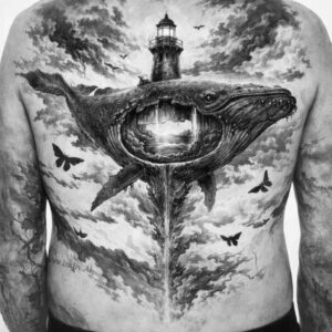 Surreal tattoo design: grayscale turtle with lighthouse Black and grey tattoo on the chest featuring a turtle with a lighthouse on its shell and birds; AI-generated concept, project idea, perfect for cover-up.