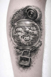 A black and grey pocket watch with chain and a key pendant, tattoo idea.