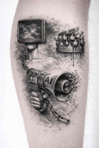 Camera, chain, gear and film strip in black and grey, a biomechanical tattoo concept; AI-generated project idea, perfect for a cover-up.