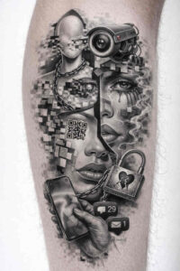 Face with gears, wires, and cog elements in a grayscale biomechanical portrait; black and grey tattoo design concept.