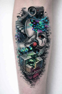 Color tattoo design of a biomechanical skull with neon orbs and a camera above; concept project, color work, and cover-up potential.