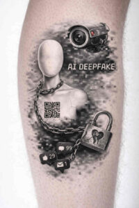 Black and grey tattoo design featuring a head silhouette with a camera on top, surrounded by gears, a barcode, and a padlock; AI-generated concept, cover-up-ready.