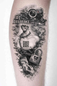 Black and grey tattoo on leg featuring a clock, book, and AI deepfake text; a project idea with cover-up potential.