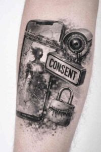Black and grey tattoo concept of a padlock with a consent banner and chain, rendered in photorealistic style; AI-generated concept for a project.