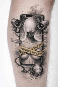 Camera tattoo on forearm in black and grey realism, featuring a vintage camera, lens, ribbon, and clock; a project idea, AI-generated, suitable for cover-up.