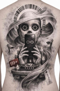 Gas mask tattoo concept in black and grey realism; a project idea with strong cover-up potential on the chest.