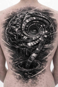 Back tattoo in black and grey featuring a geometric spiral with interlaced bands; AI-generated project idea, perfect for cover-up.