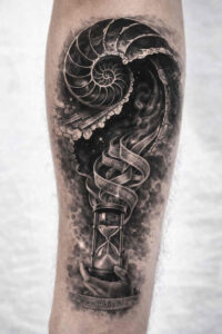 Nautilus shell tattoo on forearm in black and grey realism; concept project showing a bold spiral.