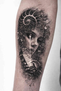 Face portrait in black and grey with bead halo and cigarette; AI-generated concept for a tattoo design, ideal project and cover-up.