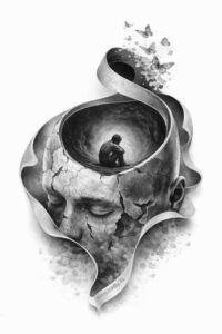 Black and grey tattoo concept featuring a skull with a looping ribbon forming a spiral, housing a small figure inside; AI-generated project idea.