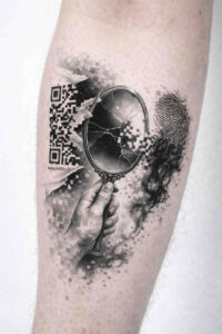 Geometric black-and-grey orb tattoo with a lattice-pattern panel on the left; concept idea for a future project.