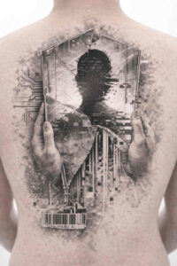 Silhouette of a person merged with branches and cityscape in black and grey; AI-generated tattoo concept, ideal as a cover-up.