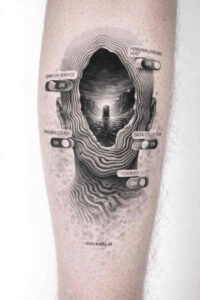 Biomechanical portal tattoo on forearm with a circular ring, a staircase into a dark void, and metal brackets; black and grey, AI-generated concept, cover-up-ready.