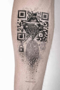 Black and grey geometric forearm tattoo featuring a central circle and square grid, presented as an AI-generated project idea.