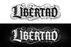 Black and grey tattoo design of ornate blackletter lettering with flourishes, AI-generated concept, shown as a project idea.