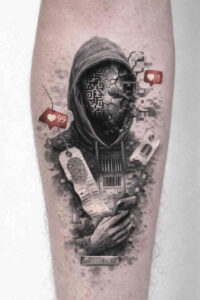 Hooded figure in black and grey realism with a smoky backdrop and scattered cards; AI-generated tattoo concept, cover-up ready.