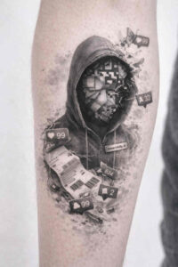 Hooded figure with a skull-like face, surrounded by playing cards in black and grey; AI-generated concept for a cover-up tattoo.