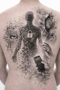 Back piece in black and grey, AI-generated tattoo design concept featuring a geometric grid, silhouette, and padlock – a project ideal for cover-up.