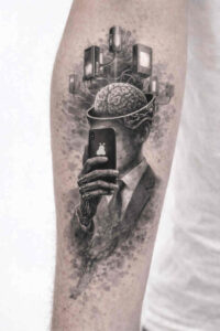 Black and grey surrealist tattoo concept of a hand gripping a cityscape, in-progress idea; cover-up possibility.
