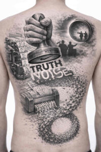 Black and grey realism tattoo on chest and abdomen; a collage featuring a hand, a sign reading TRUTH NOISE, a clock, and a circular motif; project concept with cover-up potential.