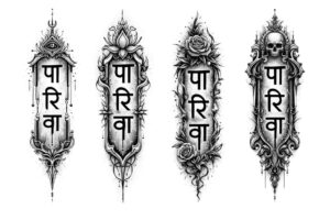 Four vertical ornamental panels with Devanagari script at center in black and grey, concept tattoo design.