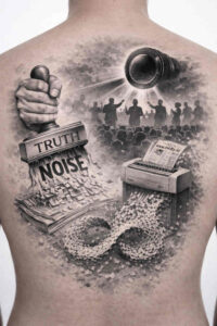 Black and grey tattoo, project idea for a chest piece, featuring a clenched fist with a 'Truth Noise' sign, a smoky city silhouette, a dark orb, and a vintage car, designed as a cover-up-ready concept.