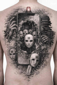 Faces and skull mask in grayscale within a framed cage; a black and grey tattoo design concept, AI-generated; perfect for a cover-up.