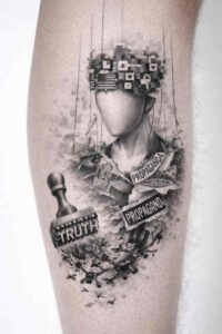 Black and grey realism tattoo of a grayscale portrait with a mosaic head and a truth bottle; an AI-generated concept for a tattoo project.