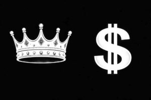 Crown and dollar sign on a pure black background, black and white fine line tattoo design; project idea, cover-up suitable.