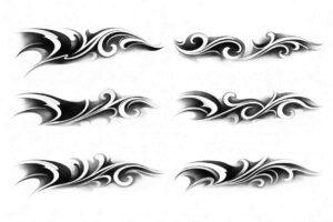 Six tribal blackwork swoosh motifs in black and grey on white, AI-generated tattoo design concept; ideal as a cover-up project.