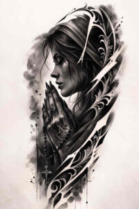 Black and grey portrait of a woman's face with flowing hair and ornamental swirls; AI-generated tattoo design concept, a project idea.