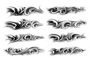 Black ink tribal flame band pattern, multiple mirrored swirls; black and grey tattoo concept, AI-generated idea, project concept.