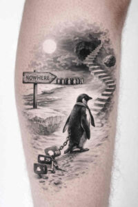Hooded figure walking a path toward a bright light in grayscale, with a signpost; black and grey tattoo concept, project idea, perfect for cover-up.