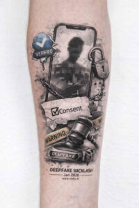 Portrait in grayscale inside a decorative frame with a banner bearing text, black and grey, project/idea.