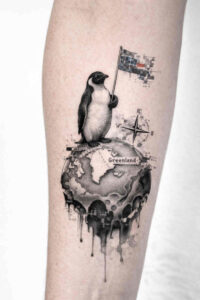 Penguin standing on a cracked globe in black and grey, a project idea for cover-up; AI-generated.