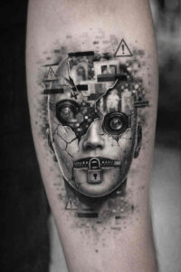 Portrait of a face with geometric triangles and linework in black and grey; AI-generated tattoo design concept, a project idea, suitable for cover-up.