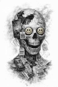 Skull with playing cards and two smiley faces in black and grey; a project idea for a tattoo design.