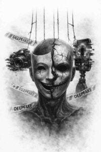 Head tattoo design in black and grey, a split surreal face with skull-like left and masked right; AI-generated project concept, cover-up suitable.